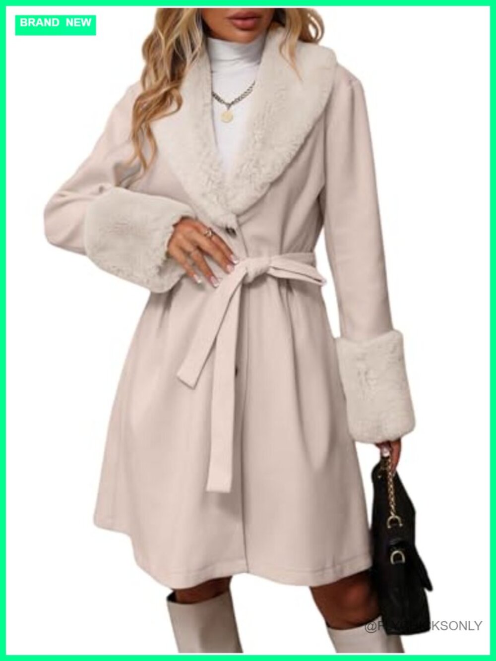 Wool Blend Pea Coat Faux Fur Lapel Collar Single Breasted Belted Overcoat